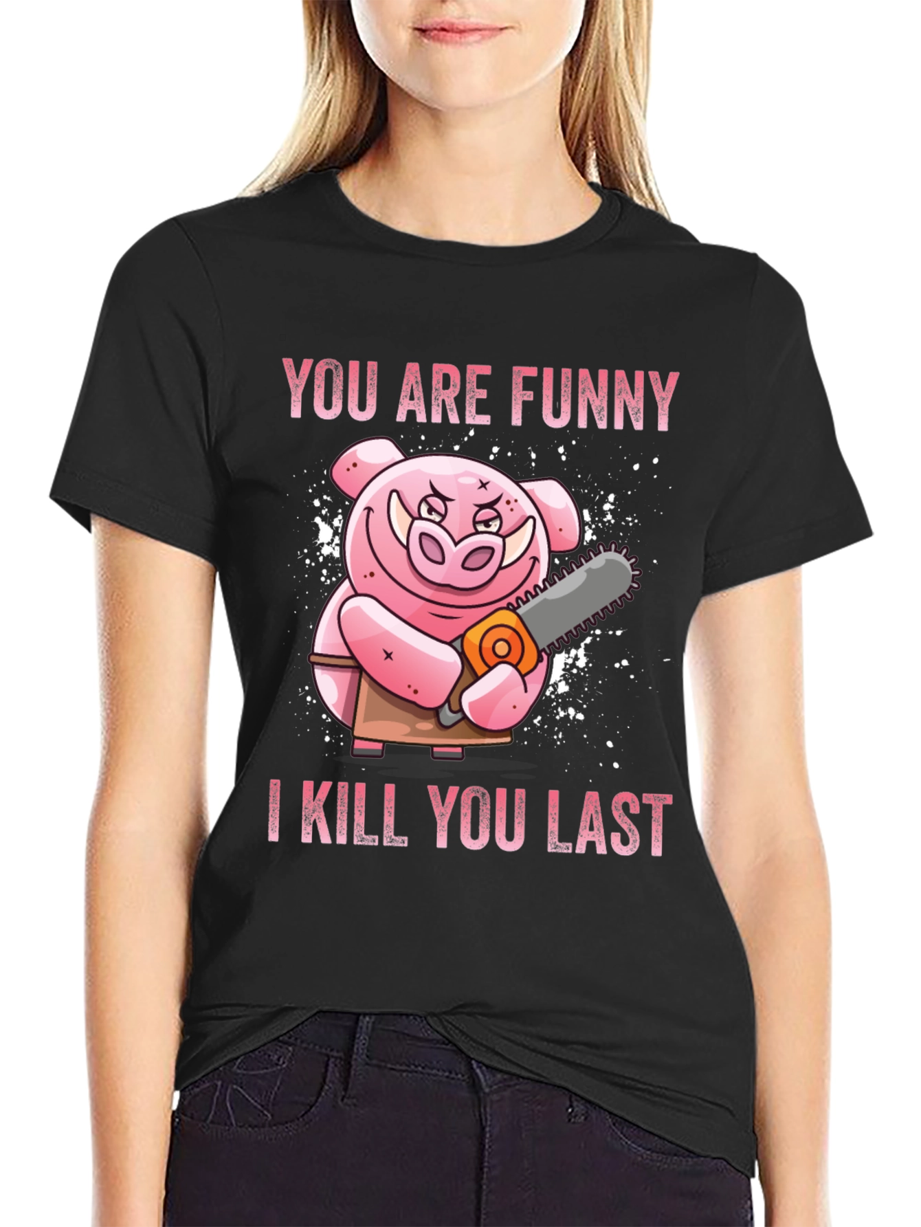 Black Funny Pig with Chainsaw Graphic Tee view 2