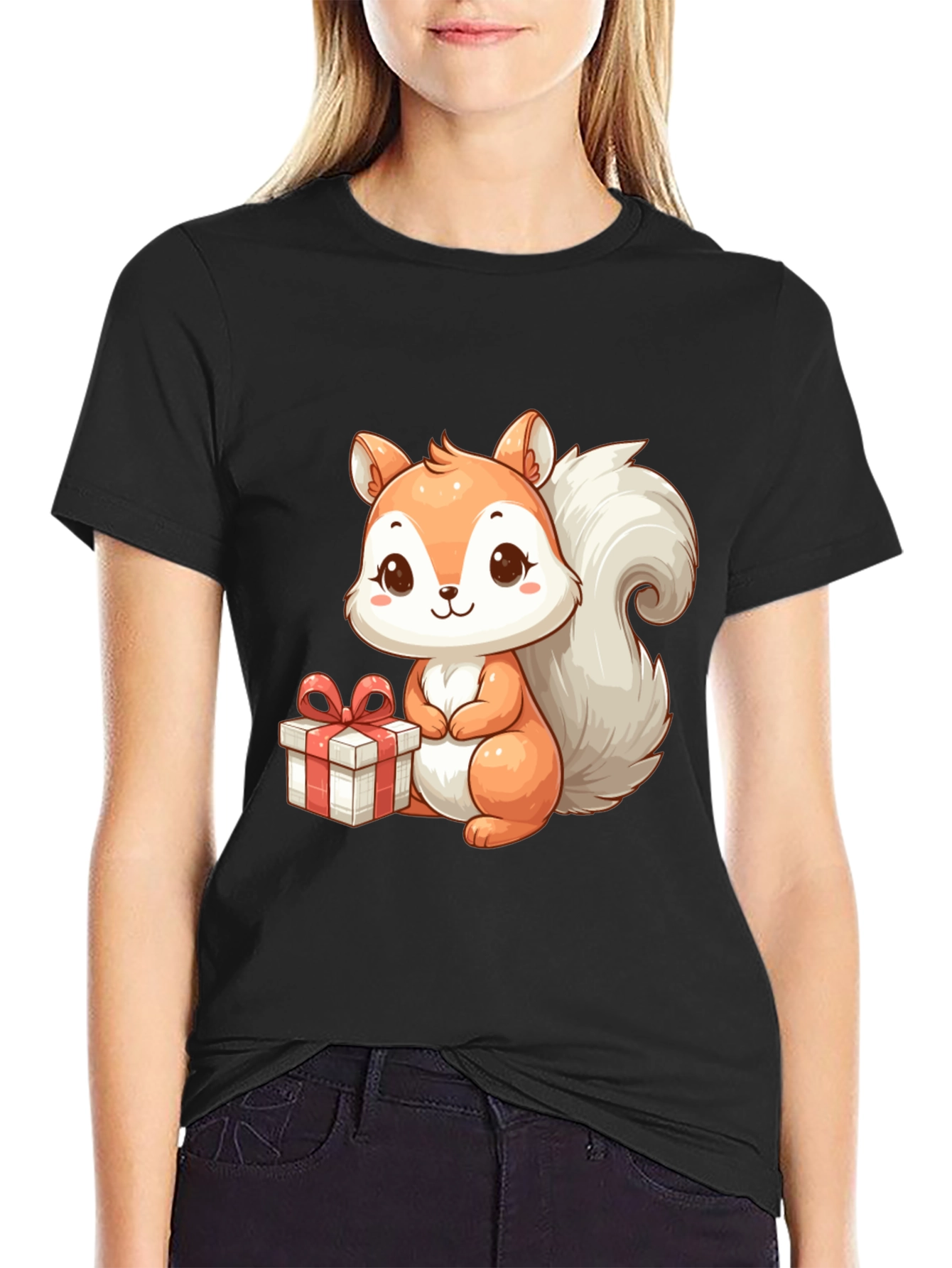 Black Cute Squirrel with Gift - Black T-Shirt view 2