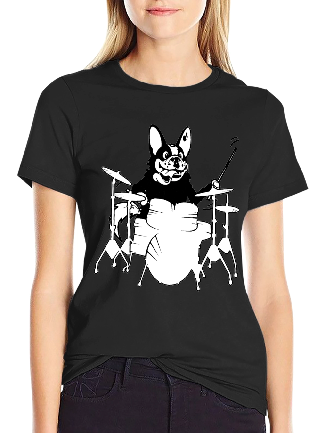 Black Dog Drummer Graphic T-Shirt - Black Unisex Tee view 2