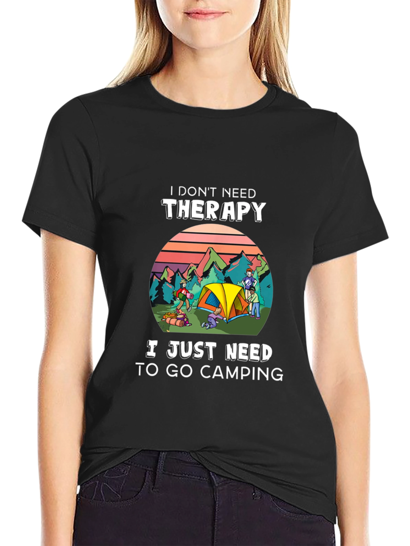 Black Camping Therapy T-Shirt - Nature Lover Tee view 2