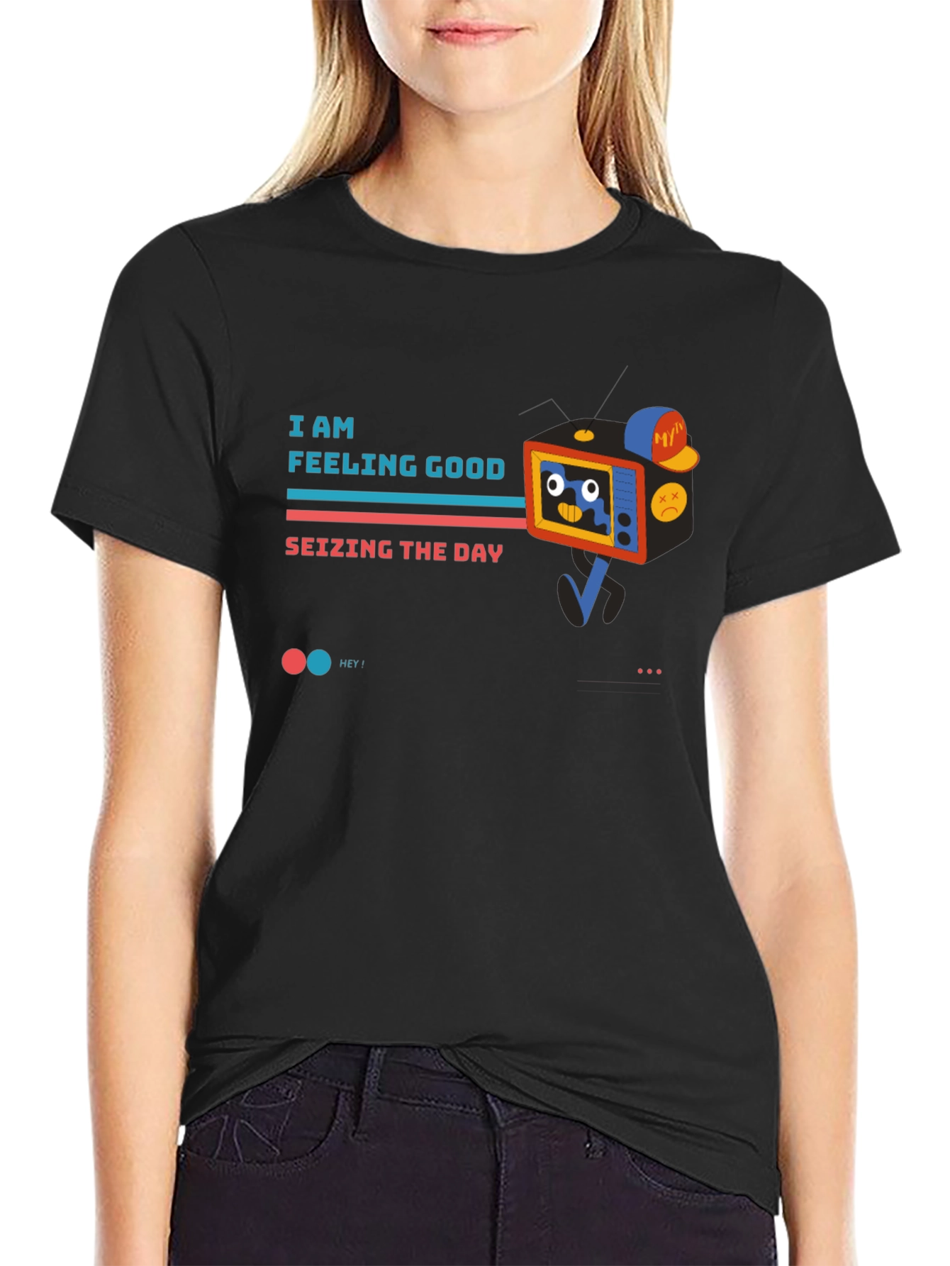 Black I Am Feeling Good TV Character Black T-Shirt view 2