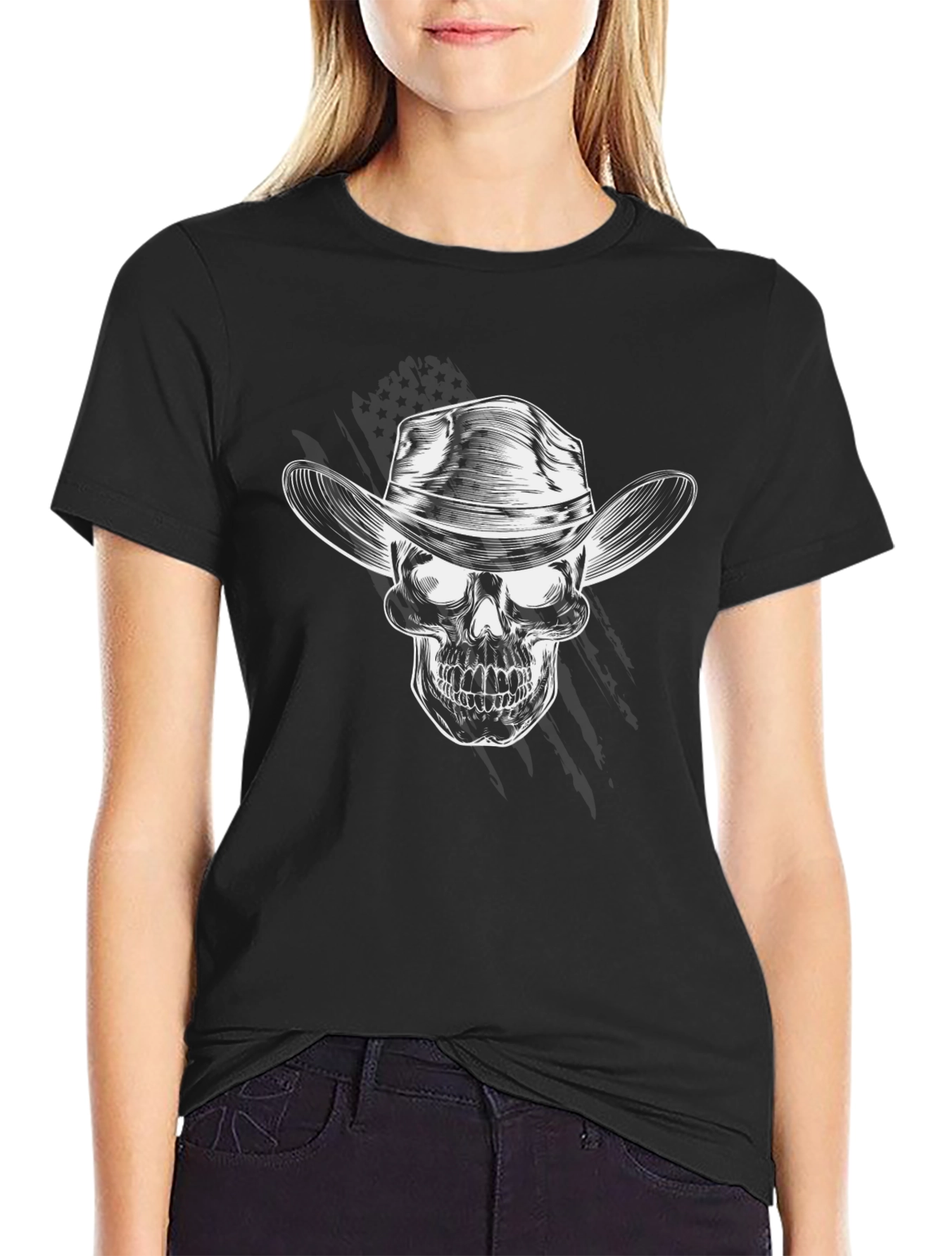 Black Cowboy Skull Graphic Tee - Black Crew Neck T-Shirt view 2