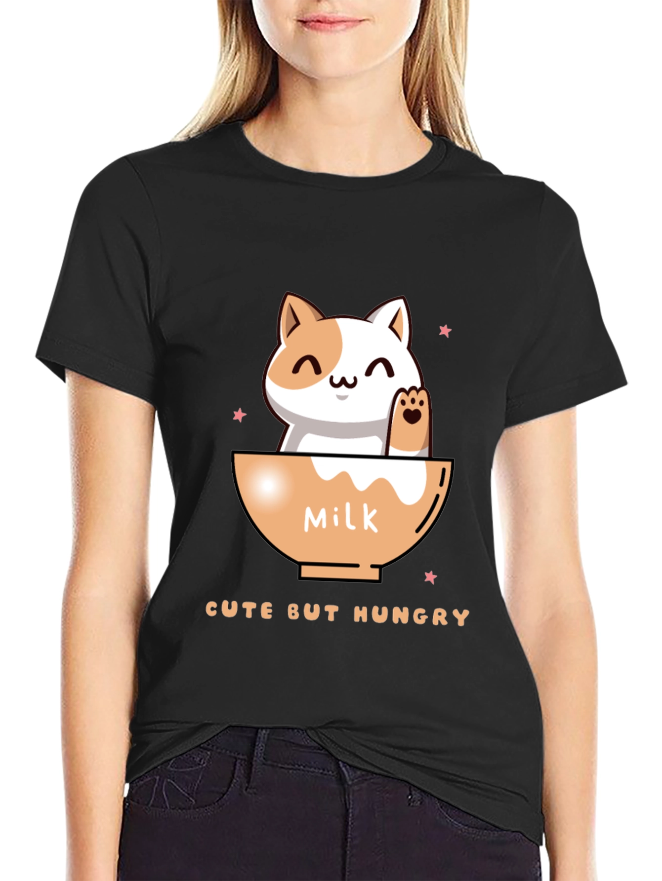 Black Cute But Hungry Cat Graphic Tee view 2