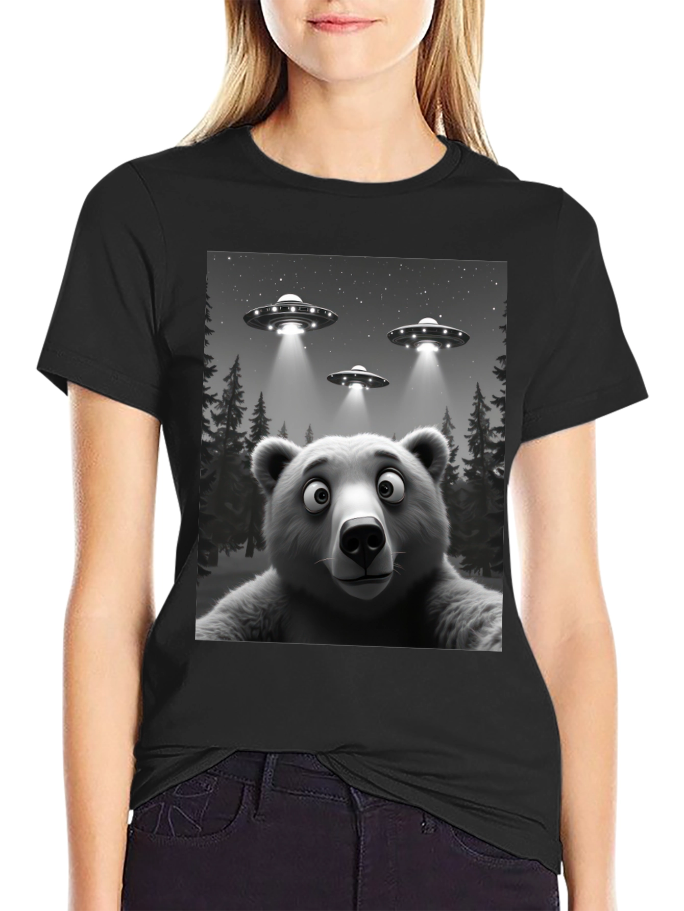 Black UFO Bear T-Shirt - Black Cotton Novelty Tee view 2