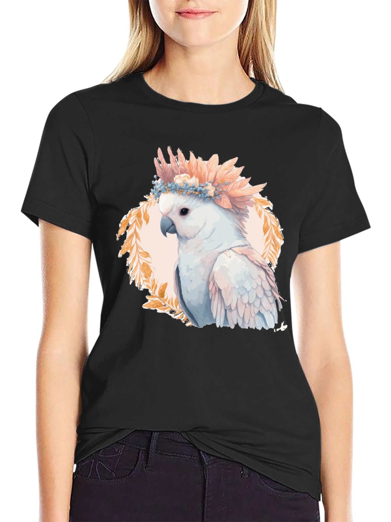 Black Cockatoo Flower Crown Graphic Tee view 2