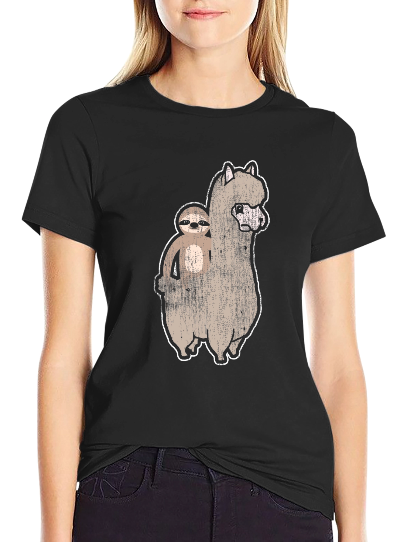 Black Sloth Riding Alpaca T-Shirt Funny Graphic Tee view 2