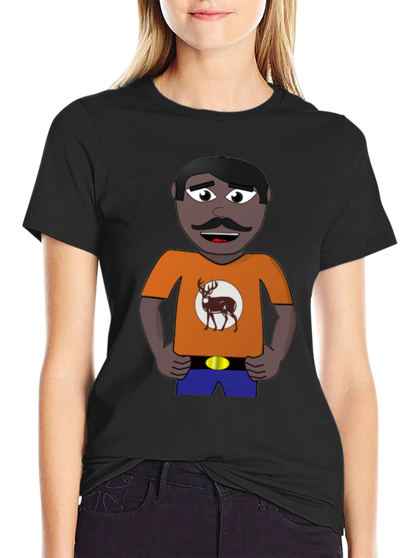 Black Cartoon Man with Deer Graphic T-Shirt view 2