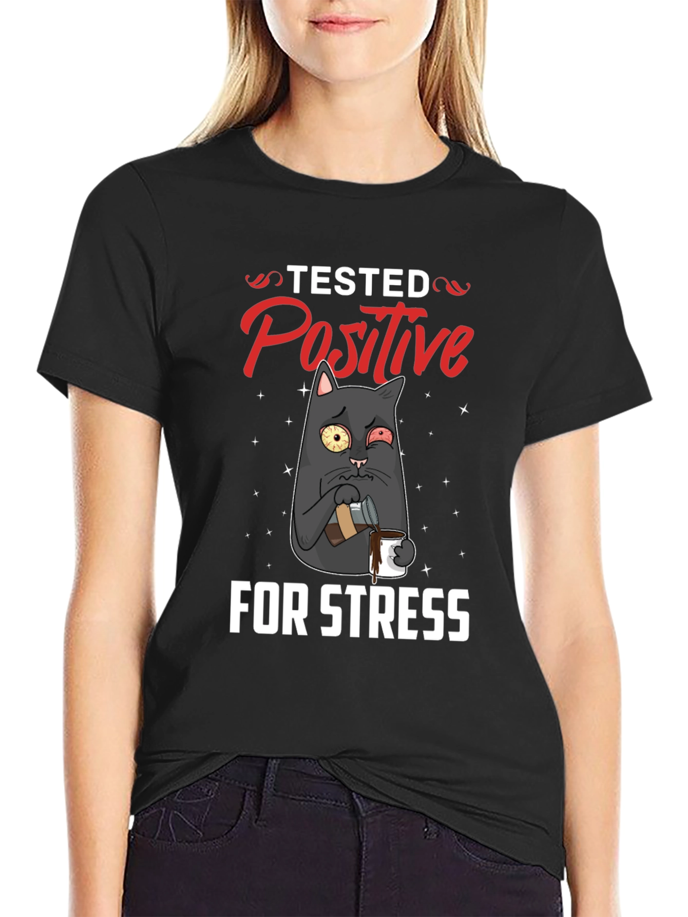 Black Stressed Cat T-Shirt - Tested Positive Design view 2