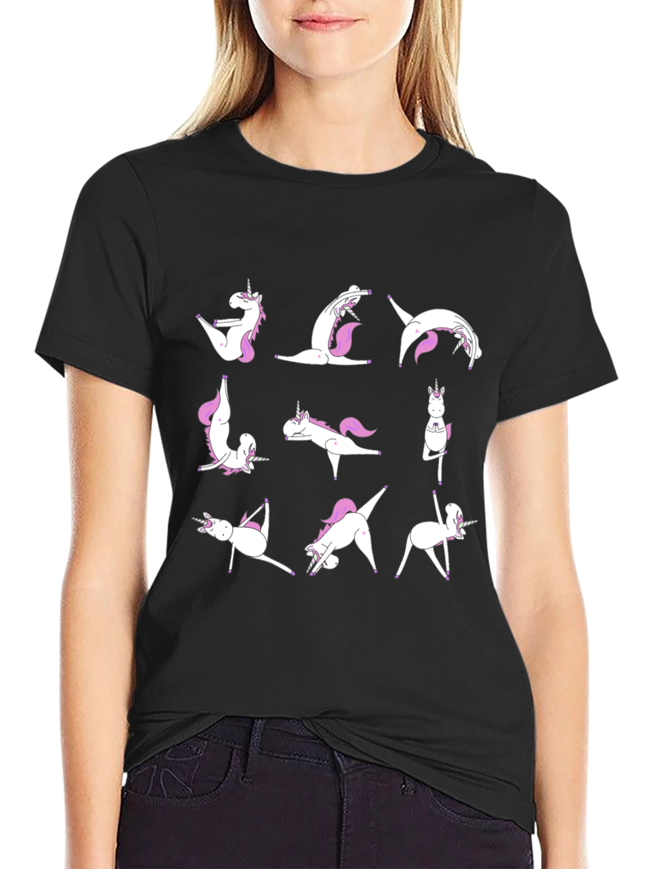 Black Unicorn Yoga Pose T-Shirt - Black Cotton Tee view 2