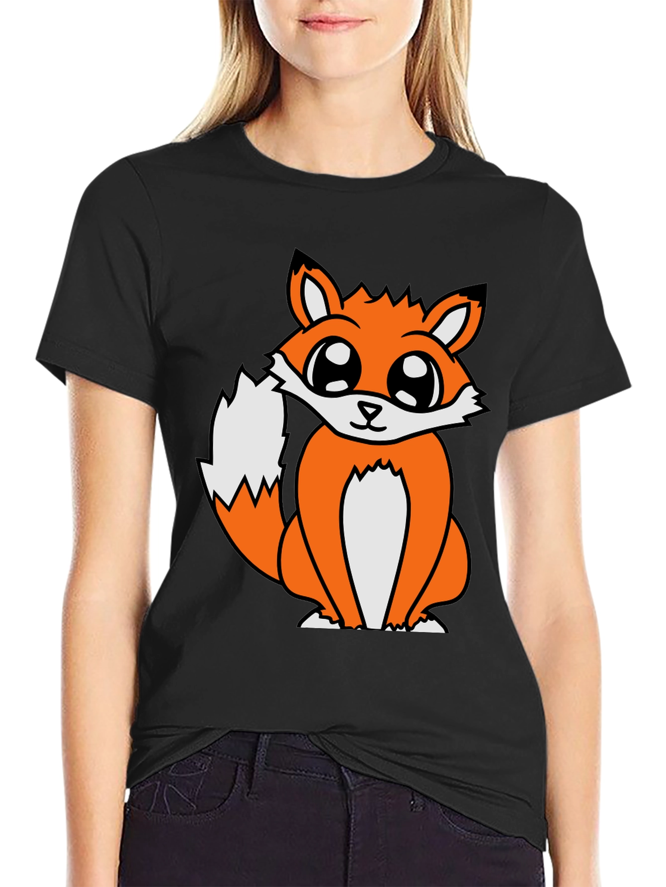 Black Cute Cartoon Fox Graphic T-Shirt - Black view 2