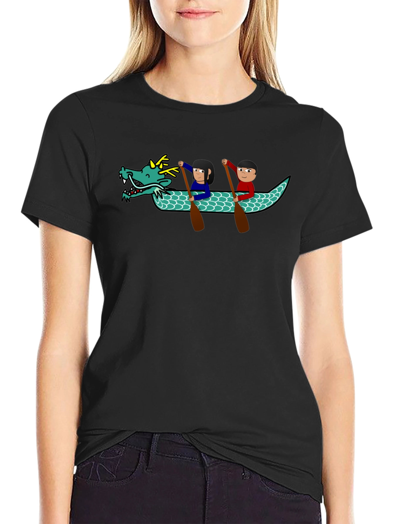 Black Dragon Boat Cartoon Graphic T-Shirt view 2
