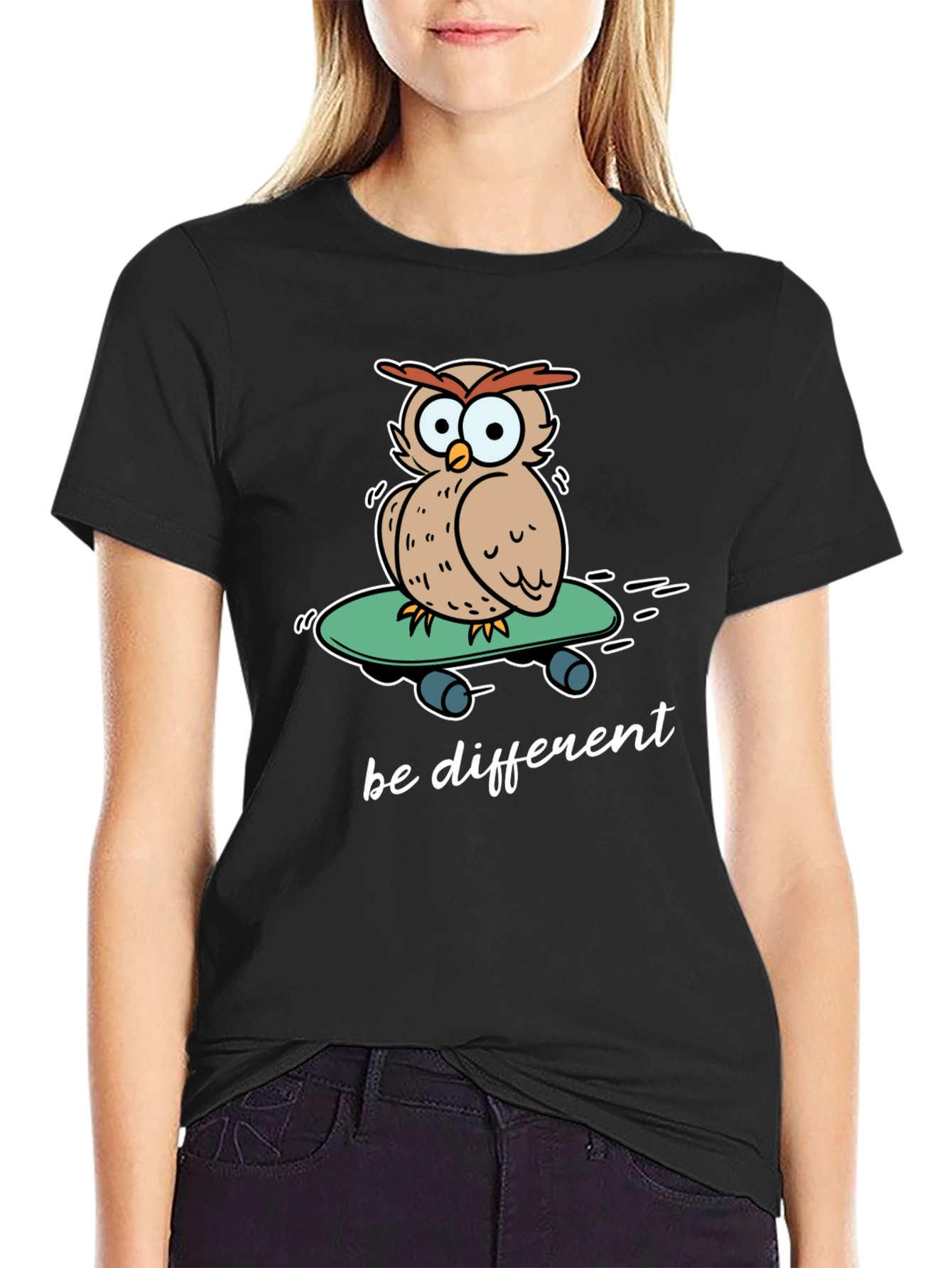 Black Unique Owl Skateboard Graphic T-Shirt - Be Different! view 2