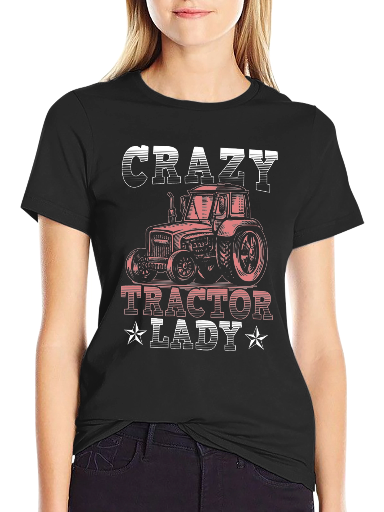 Black Crazy Tractor Lady Graphic Tee - Farm Life T-Shirt view 2