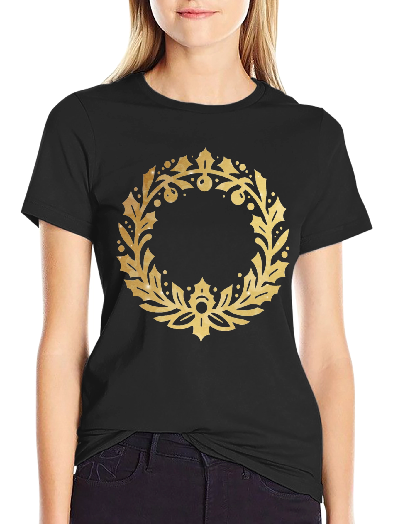 Black Gold Wreath Graphic Black T-Shirt view 2