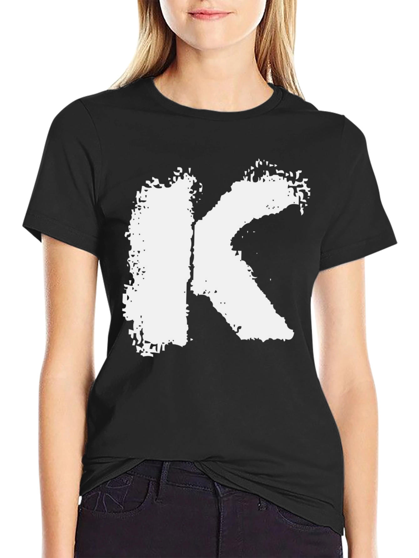 Black Bold White Letter K Graphic Black T-Shirt view 2