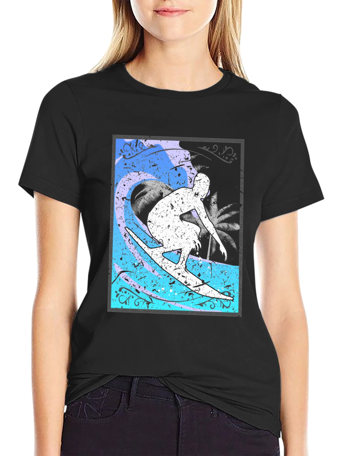 Black Surfer Graphic T-Shirt - Black Cotton Blend view 2
