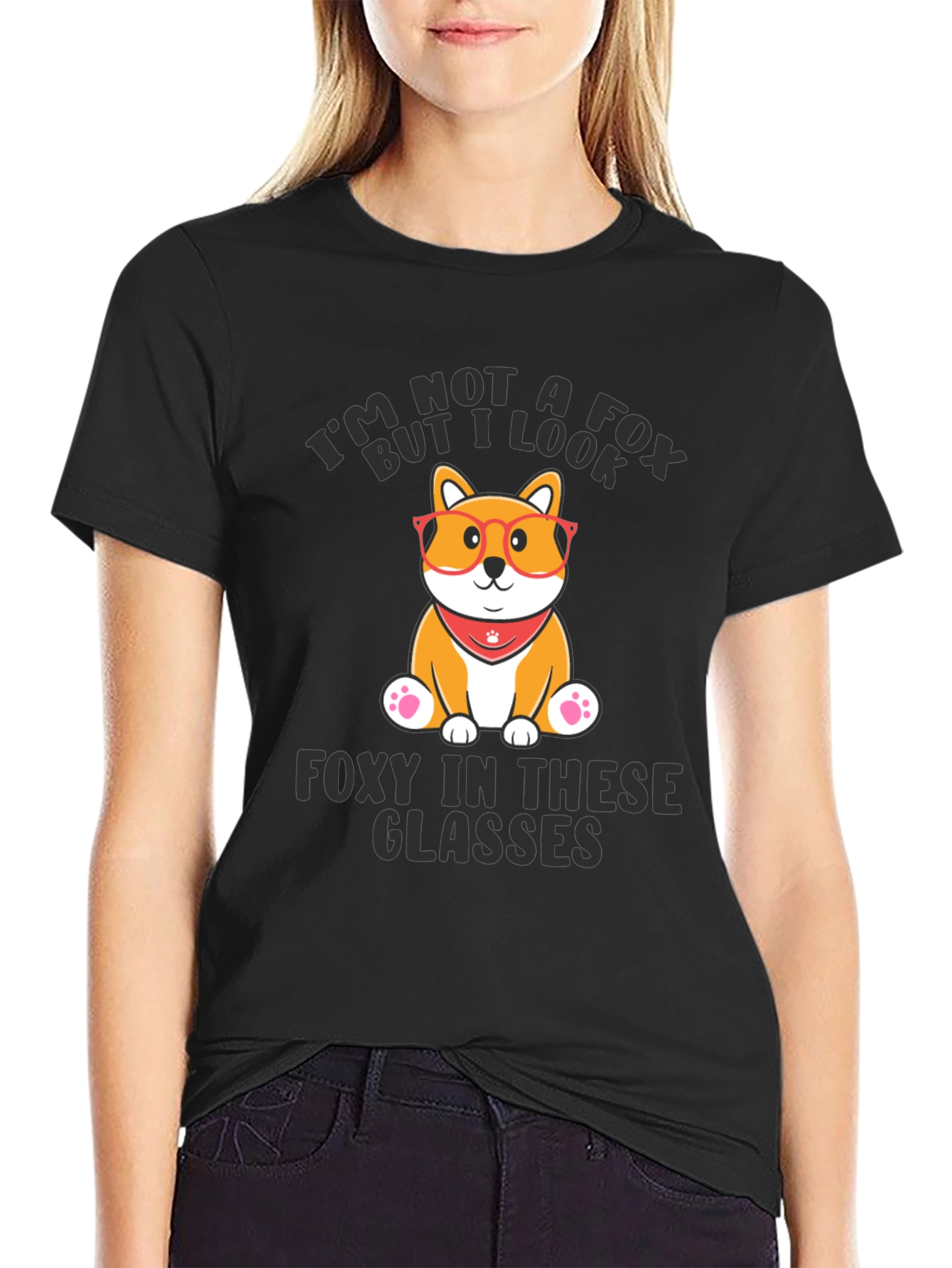 Black Funny Dog T-Shirt - Not a Fox Foxy in Glasses view 2