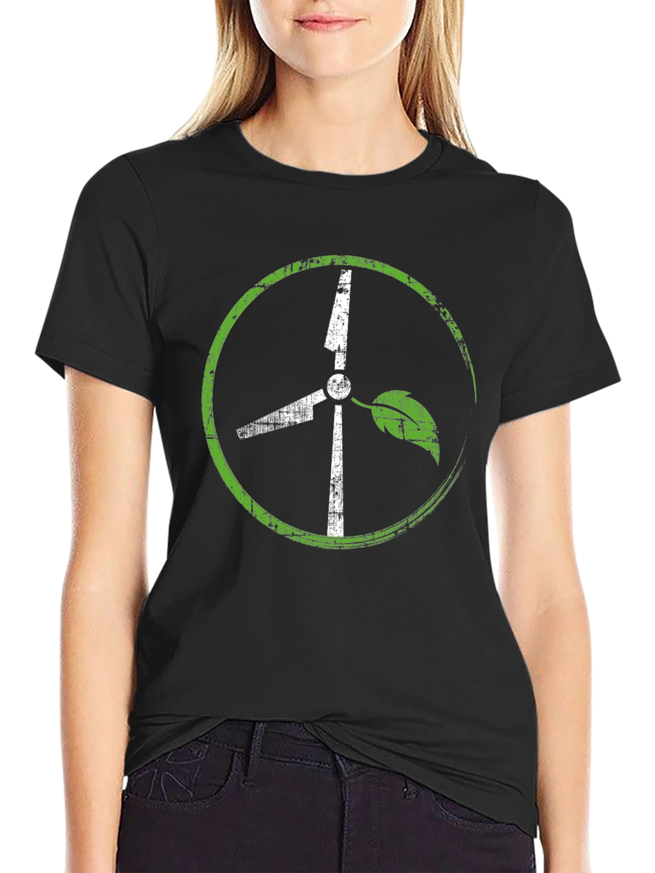 Black Eco-Friendly Wind Turbine Graphic T-Shirt view 2
