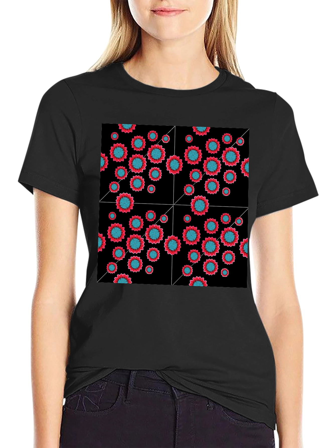 Black Floral Grid Black T-Shirt - Modern Geometric Style view 2