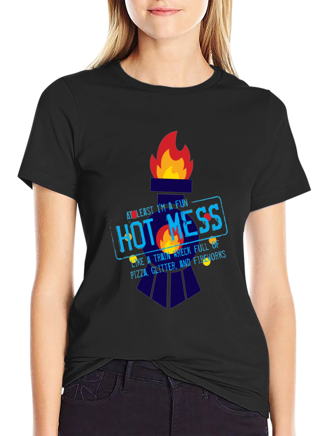 Black Fun Hot Mess Graphic Tee - Pizza Glitter Fireworks view 2