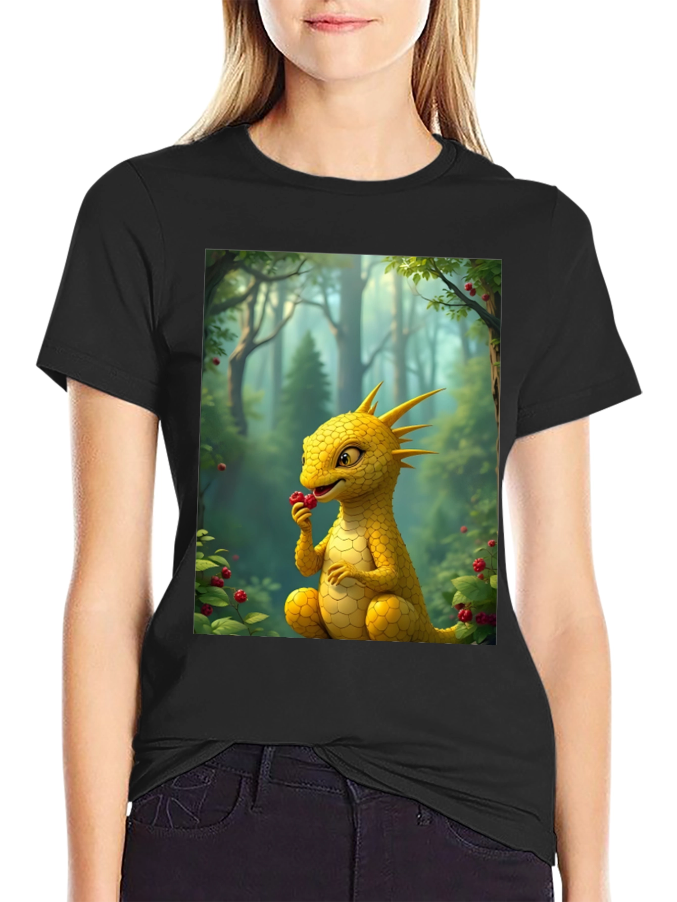 Black Cute Dragon Eating Berries Graphic Tee view 2