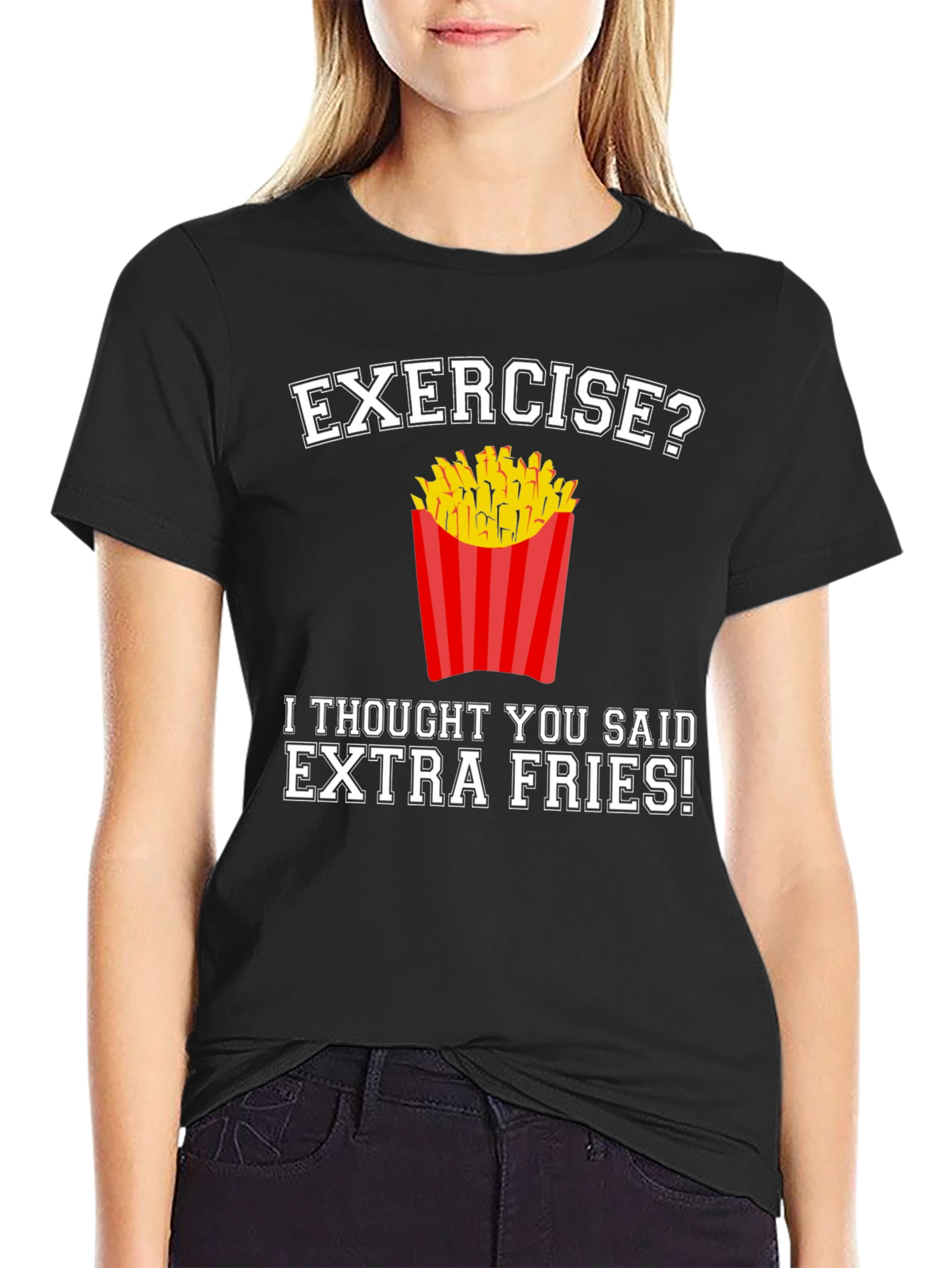Black Exercise? Extra Fries! Funny Graphic T-Shirt view 2