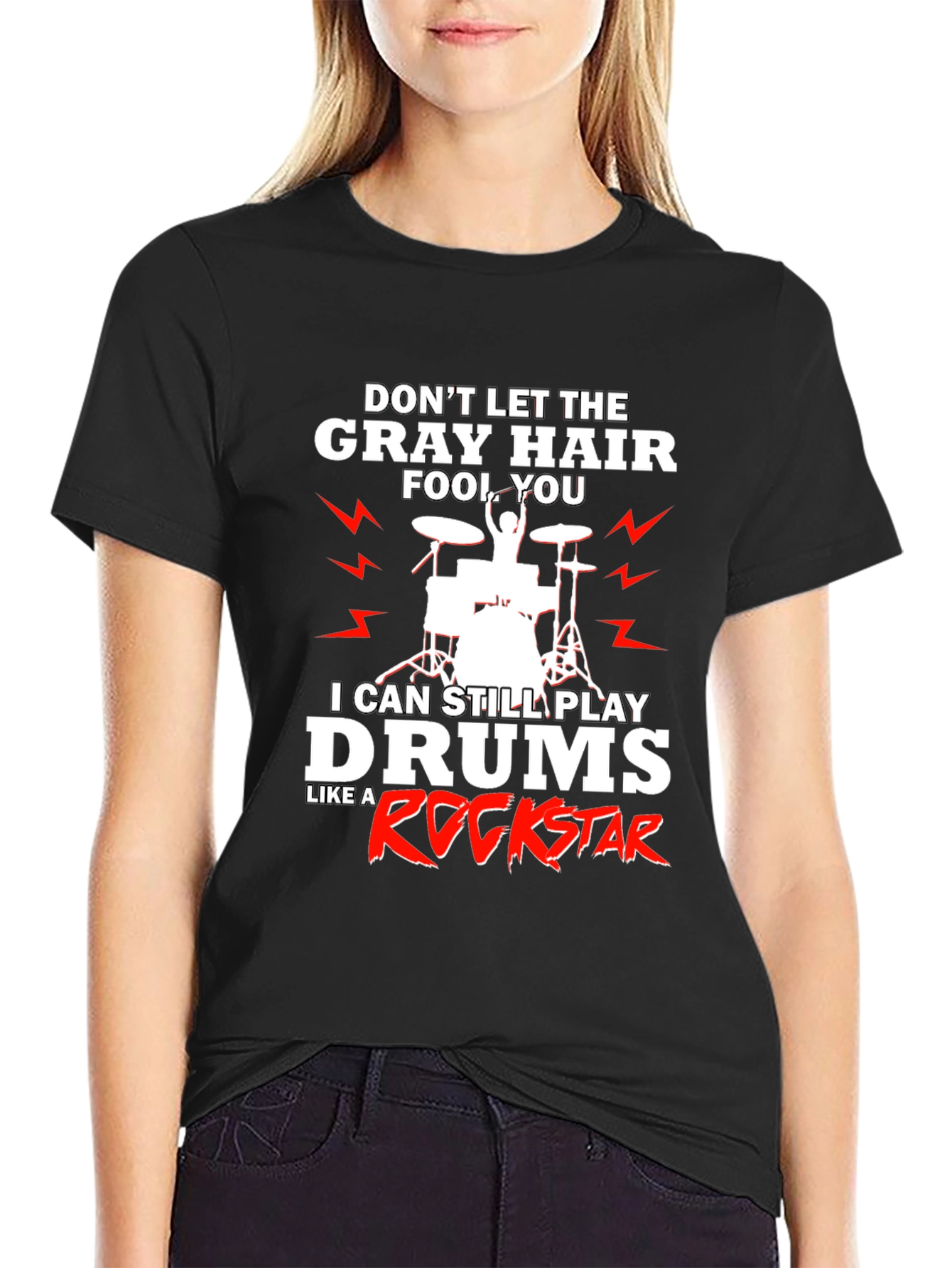 Black Funny Drummer T-Shirt - Gray Hair Rockstar view 2