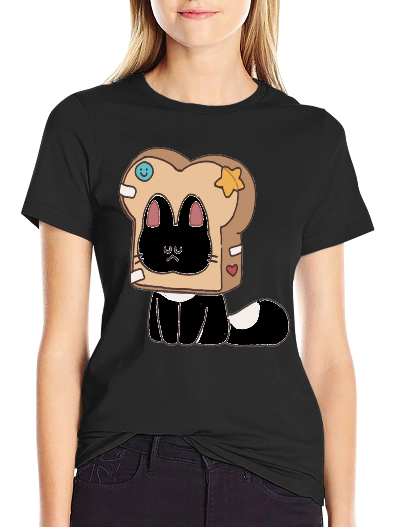 Black Cute Cat in Toast T-Shirt view 2
