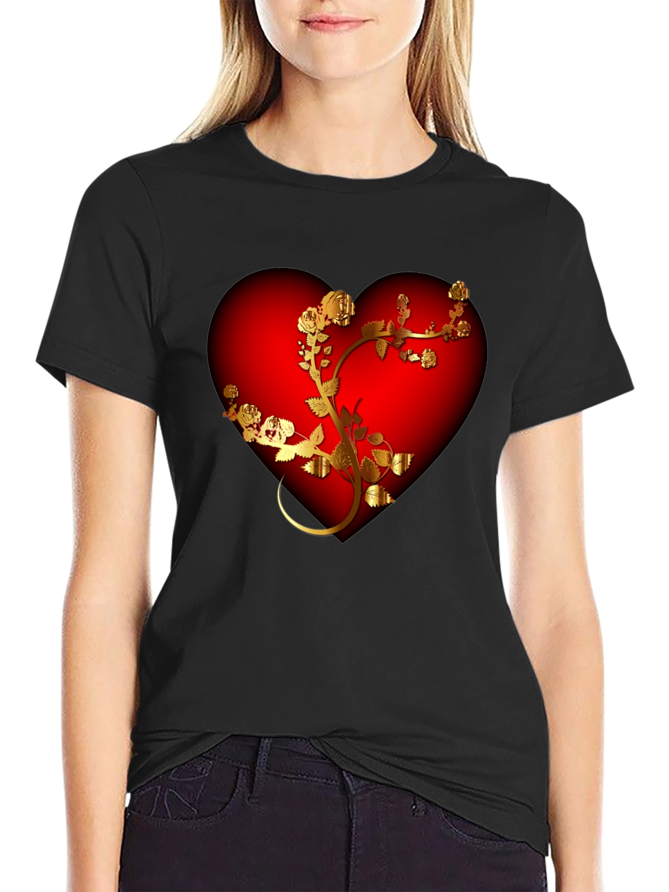 Black Romantic Heart & Rose T-Shirt - Black view 2