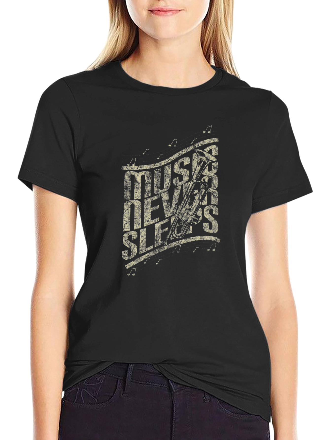 Black Music Never Sleeps Graphic Print Black T-Shirt view 2