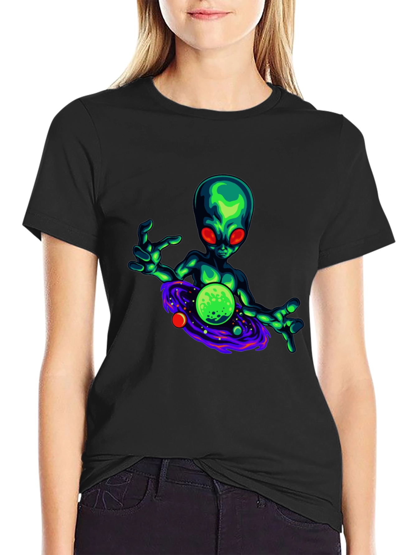 Black Alien Graphic T-Shirt - Black Cotton Blend view 2