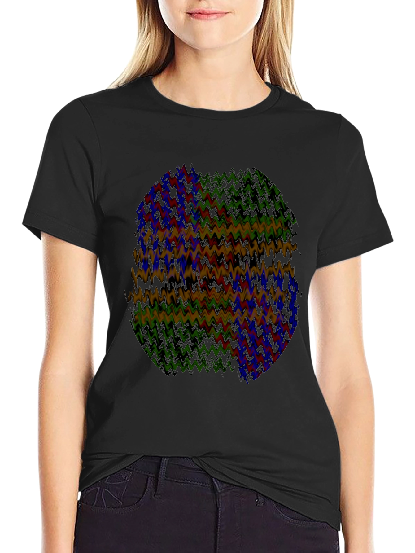 Black Abstract Wavy Pattern Black T-Shirt view 2