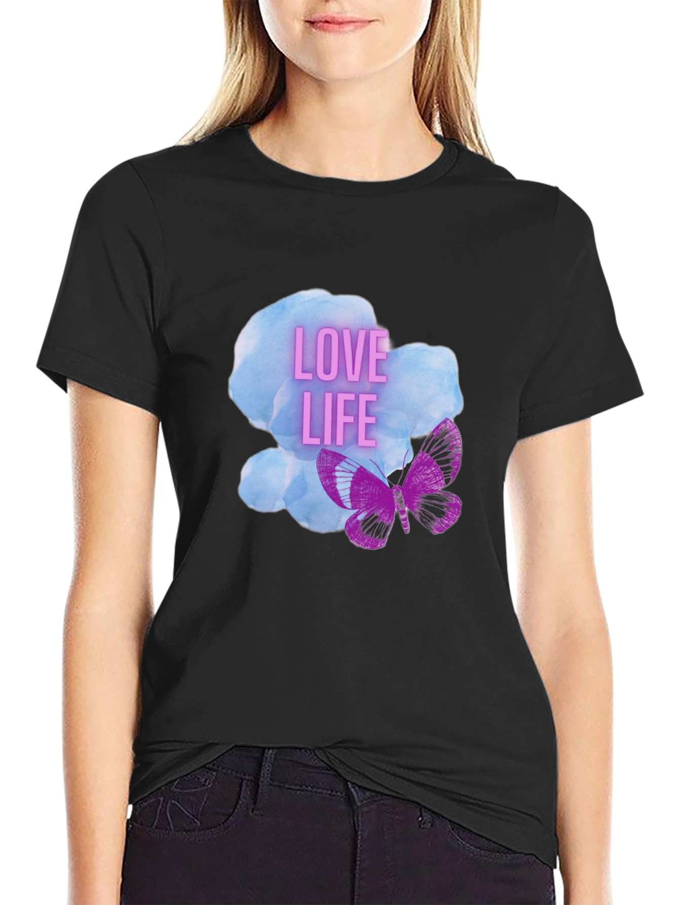 Black Love Life Butterfly Graphic Tee - Stylish Black T-Shirt view 2