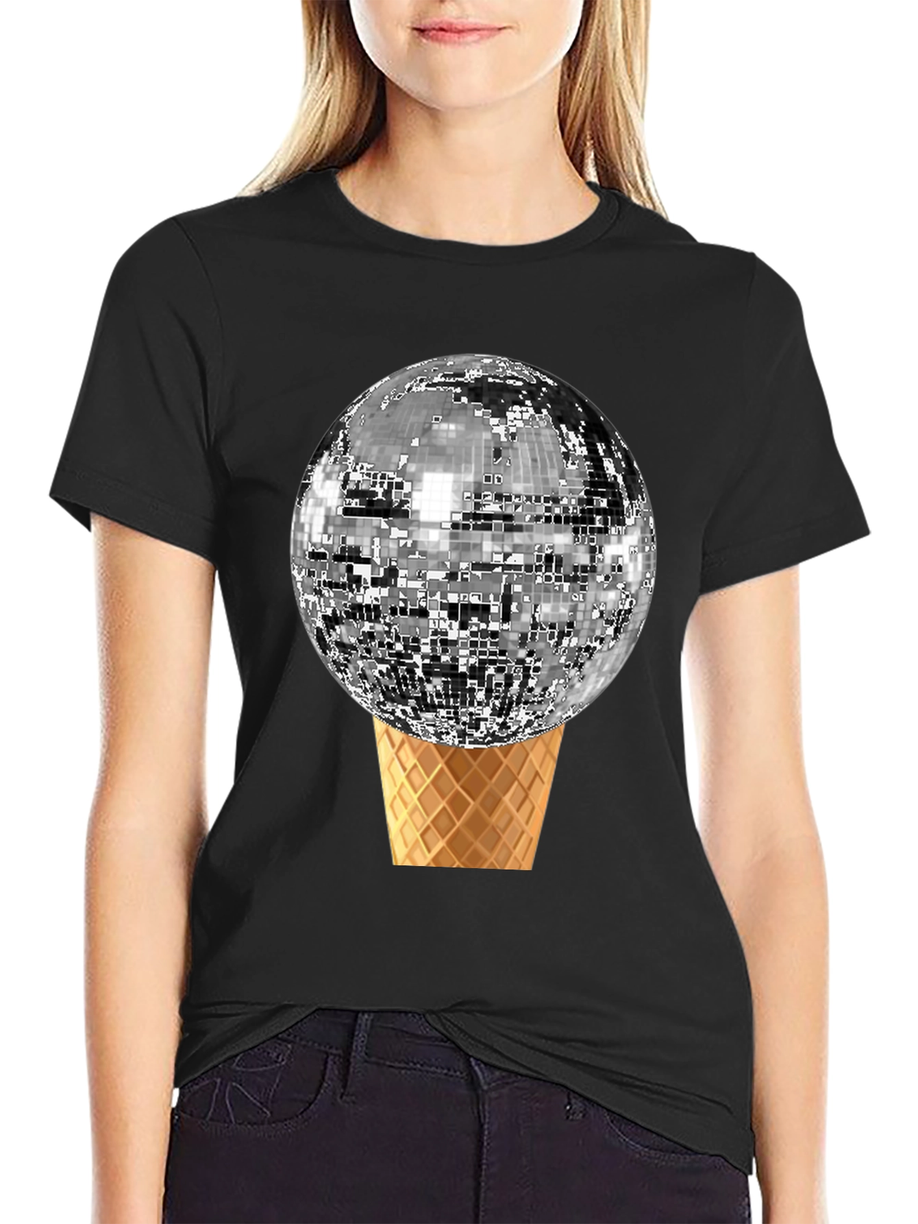 Black Disco Ball Ice Cream Cone Graphic Tee view 2