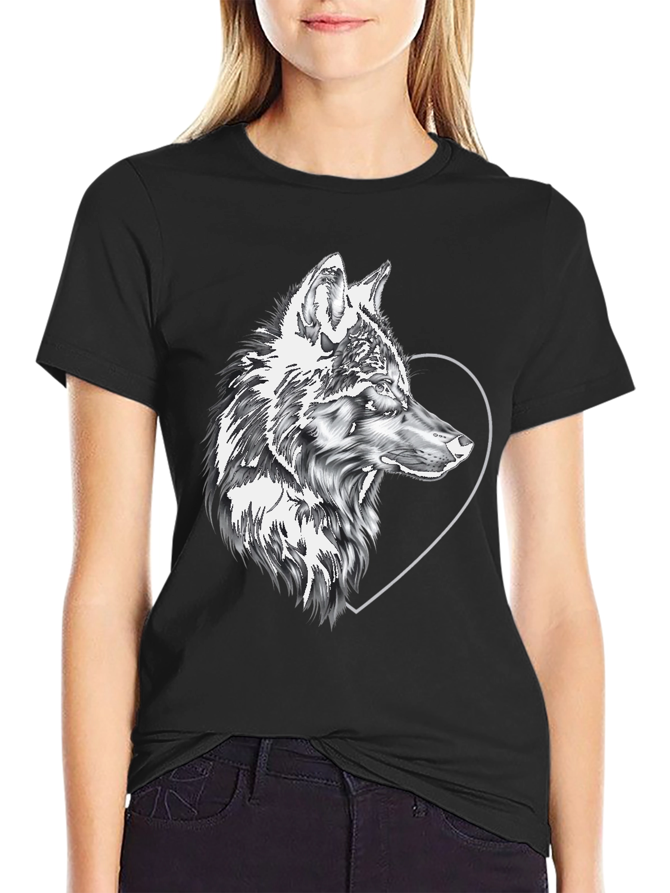Black Wolf & Heart Graphic Black Tee view 2