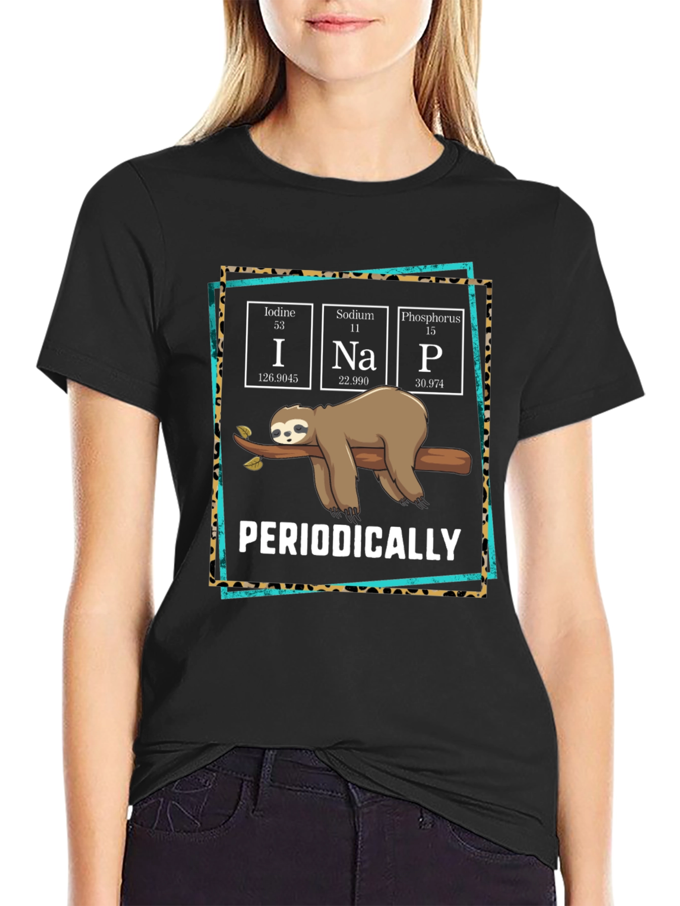 Black Funny Periodic Table Sloth T-Shirt view 2