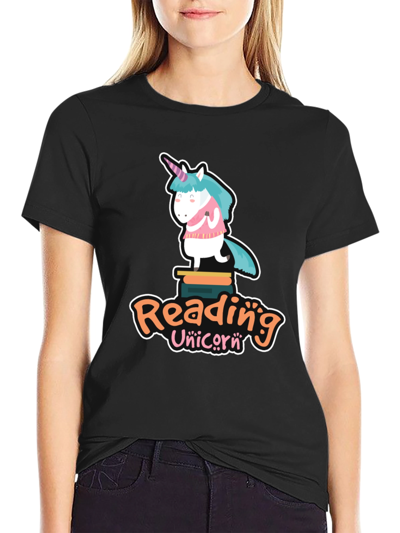 Black Reading Unicorn T-Shirt - Black Cotton Tee view 2
