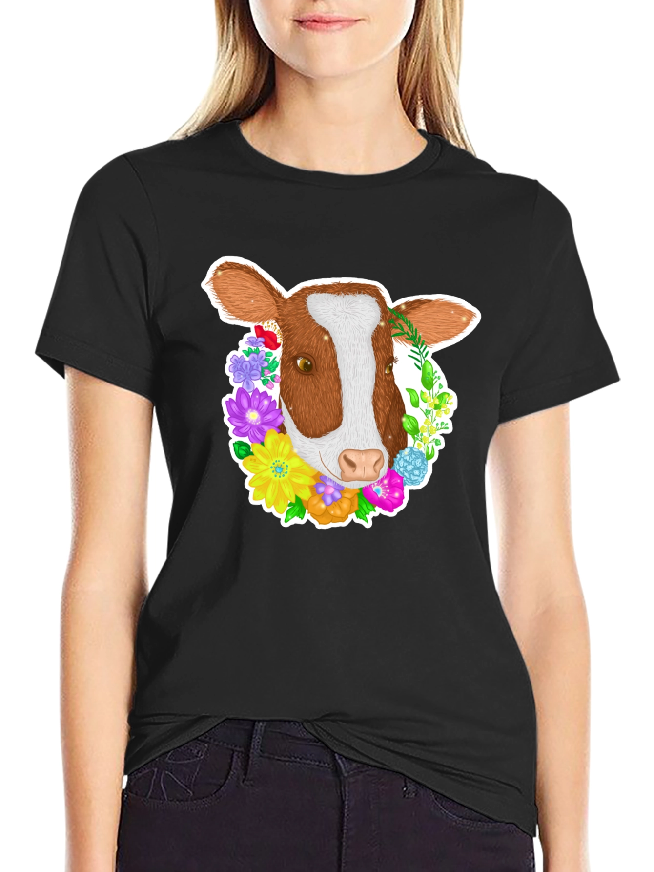 Black Floral Cow T-Shirt - Black Cotton Tee view 2