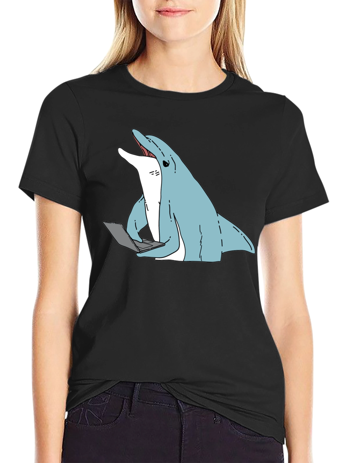Black Dolphin Laptop Tee - Casual Cotton Blend T-Shirt view 2