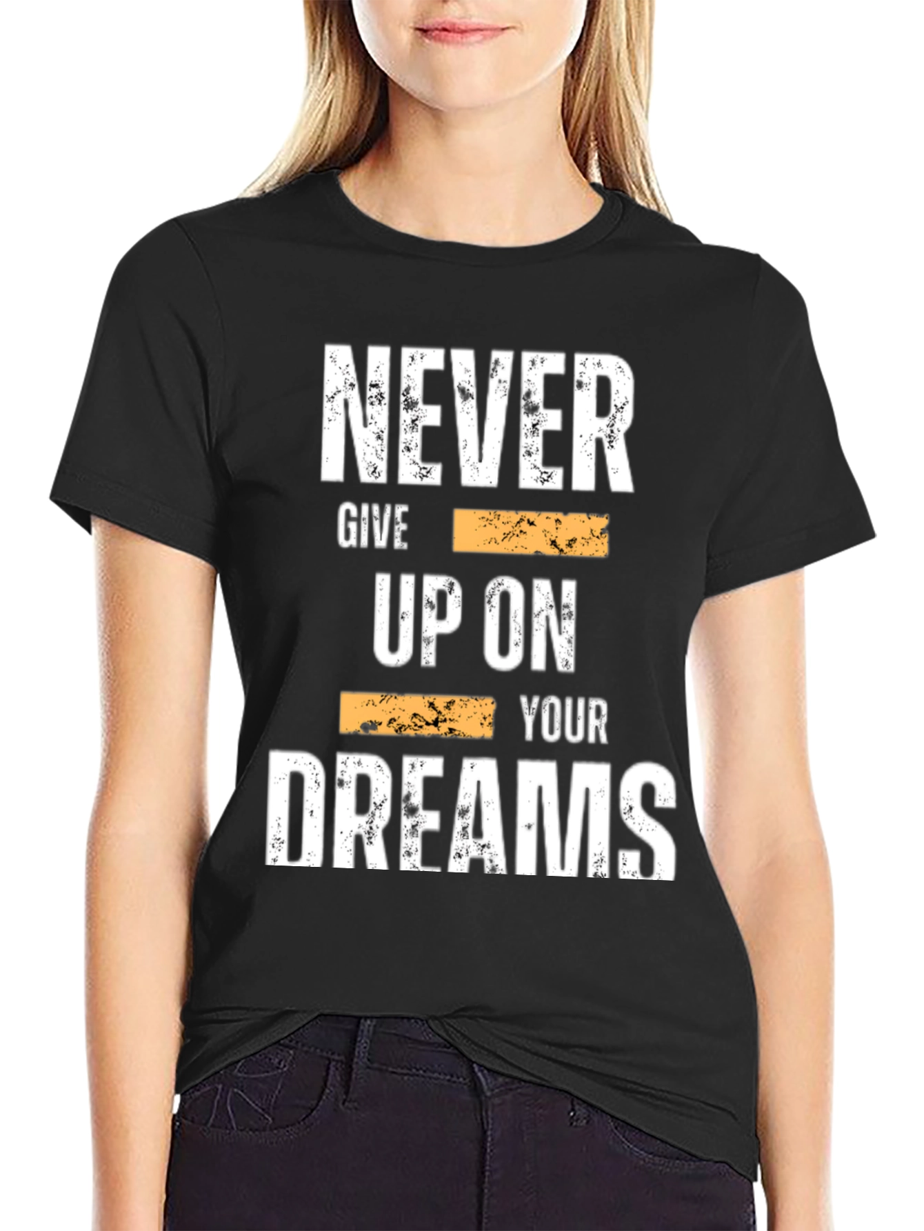 Black Inspirational Graphic Tee: Never Give Up On Your Dreams view 2