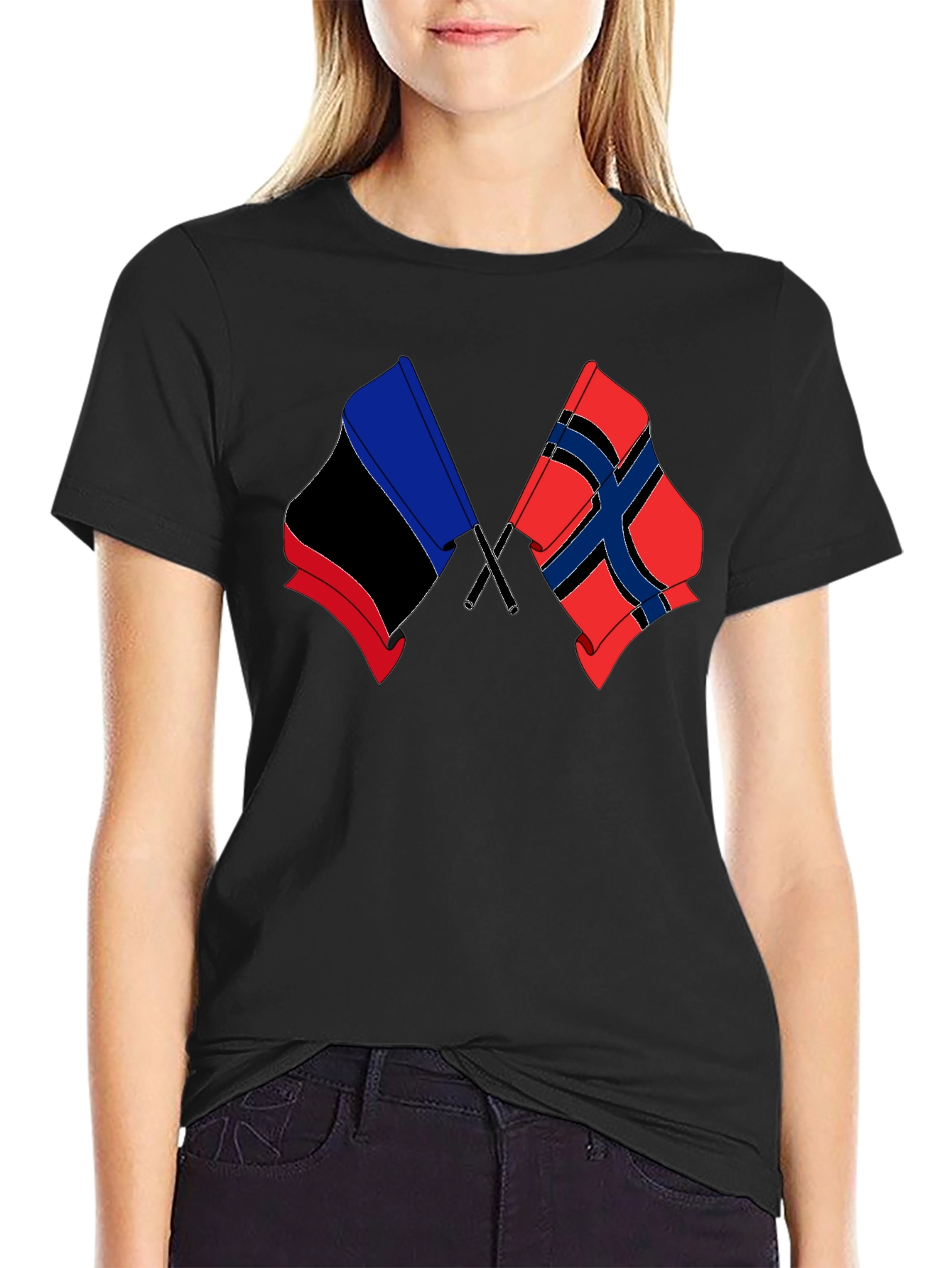 Black Dual Flag Graphic Tee - Black Cotton Blend Shirt view 2