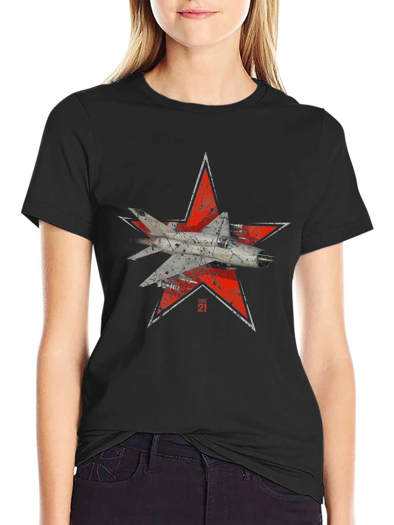 Black MiG-21 Jet Fighter T-Shirt view 2