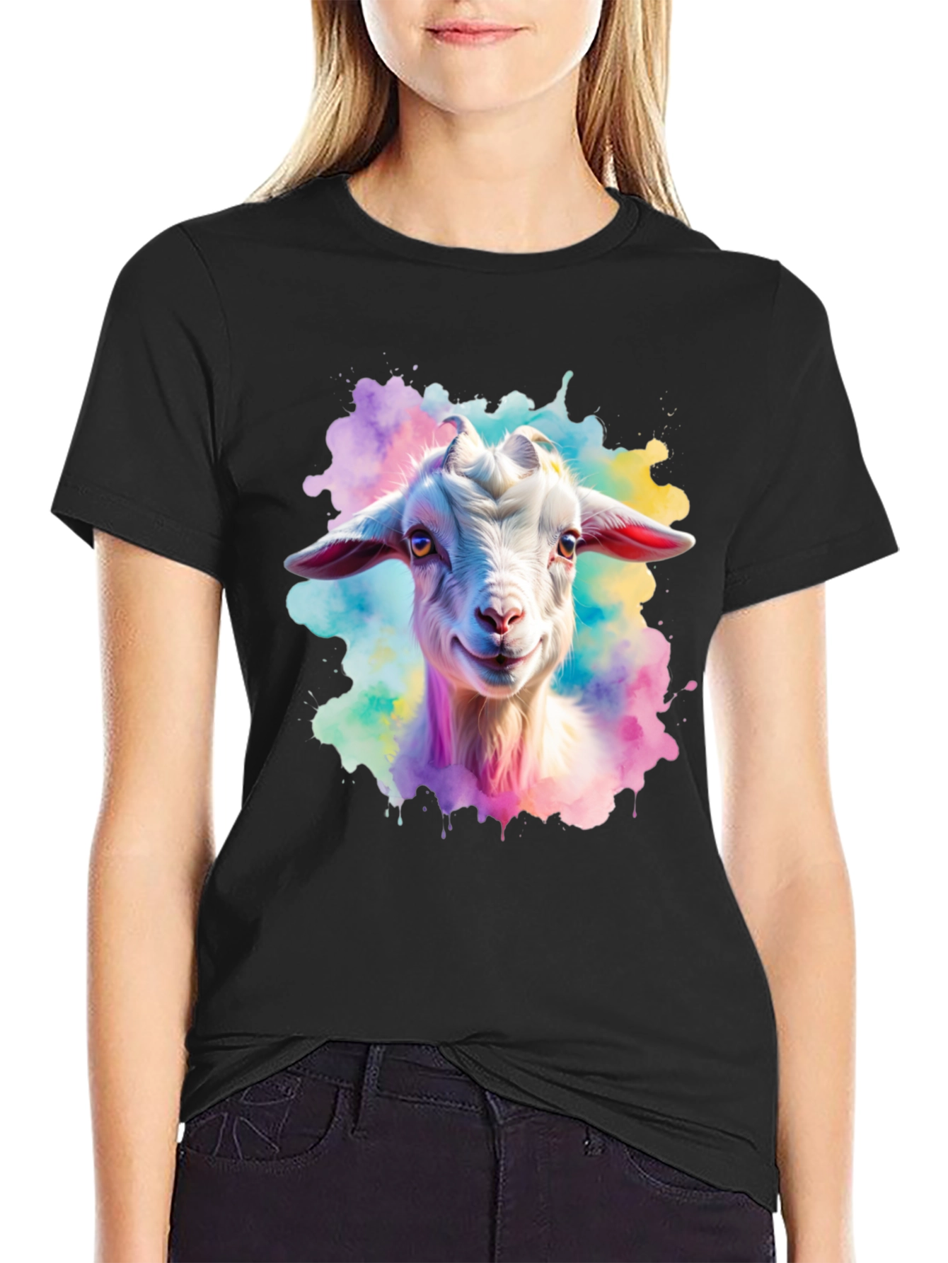 Black Goat Watercolor Graphic Print Black T-Shirt view 2