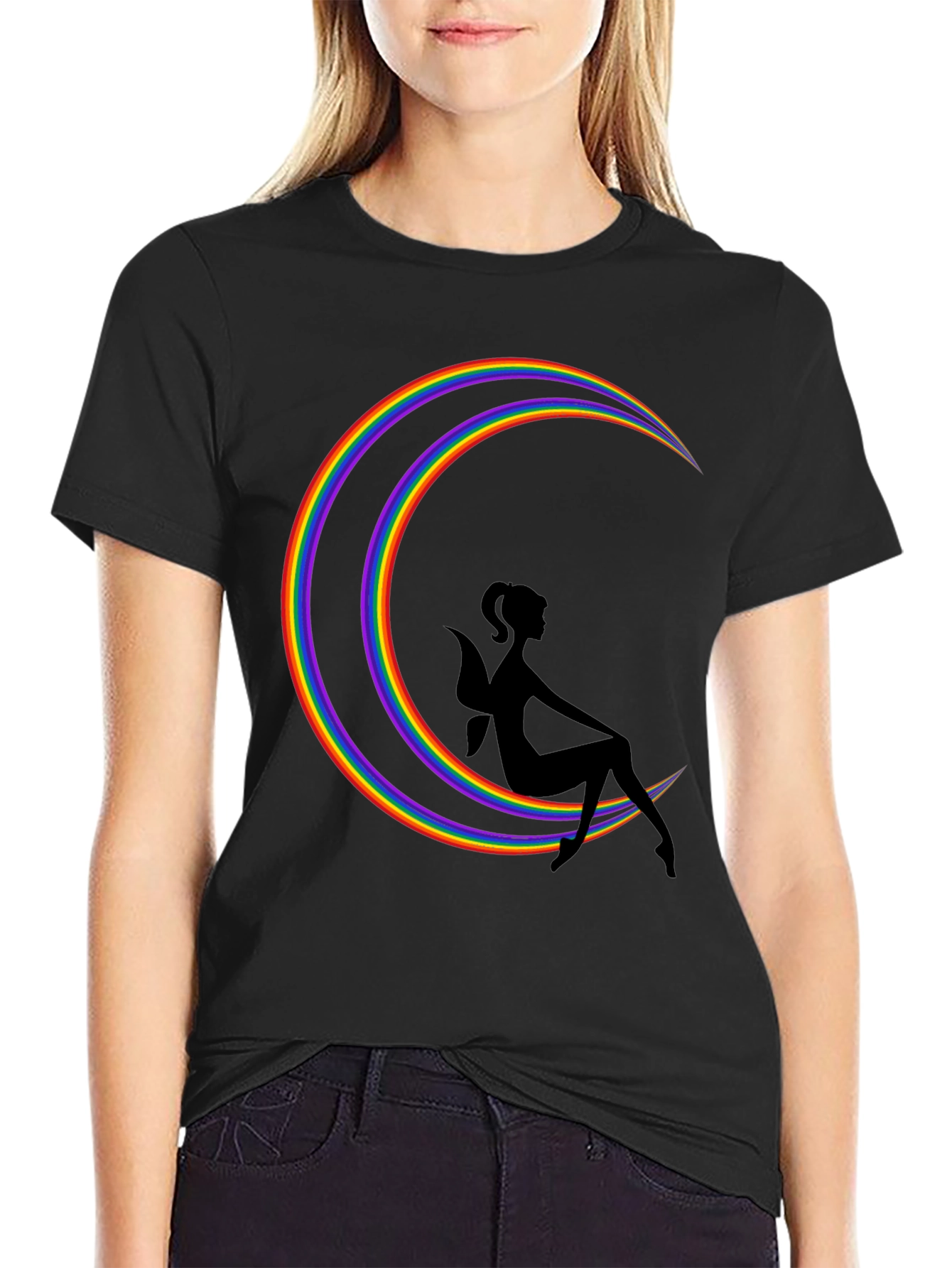 Black Rainbow Moon Fairy Graphic Tee - Soft Black Cotton T-Shirt view 2
