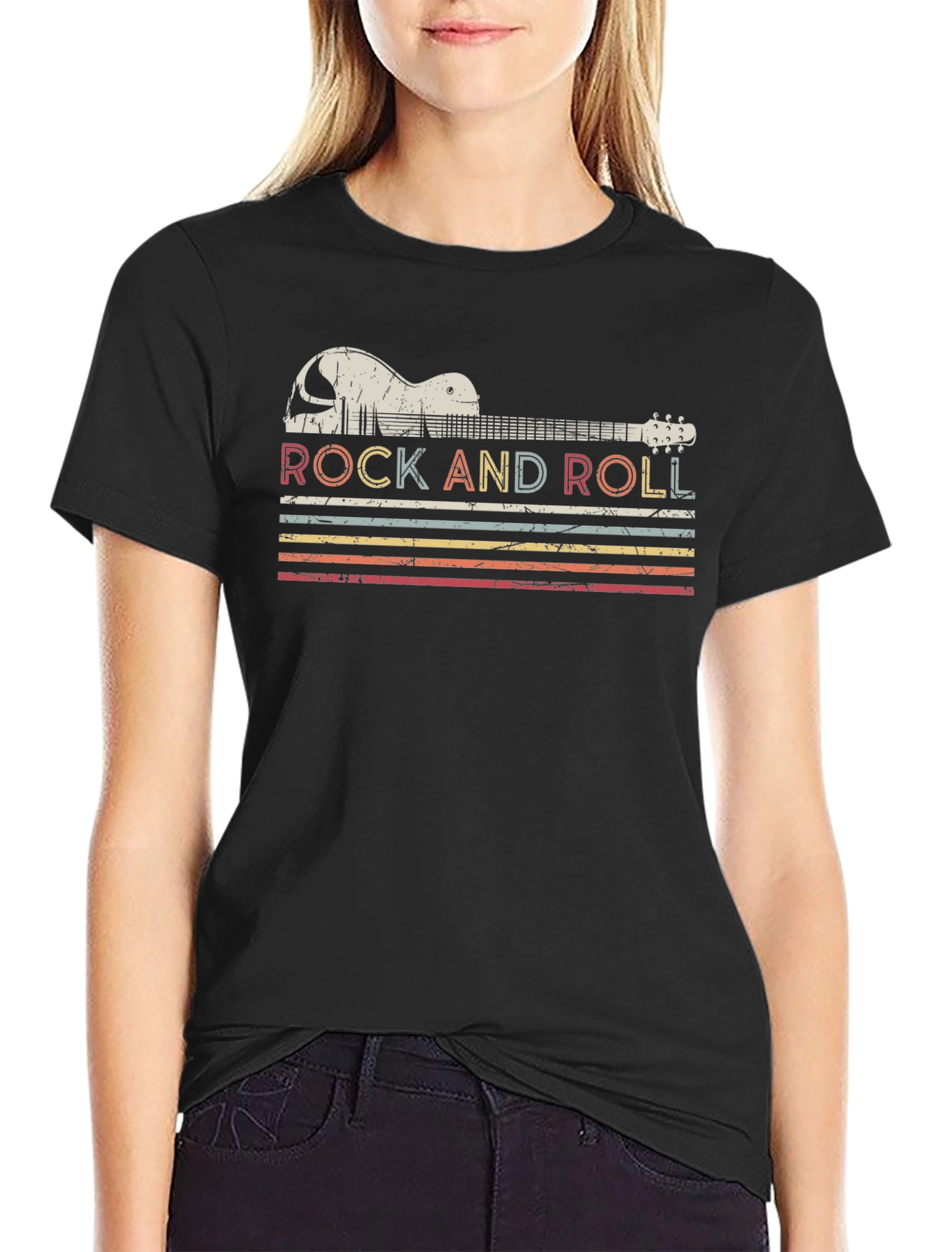 Black Retro Rock and Roll Guitar T-Shirt view 2