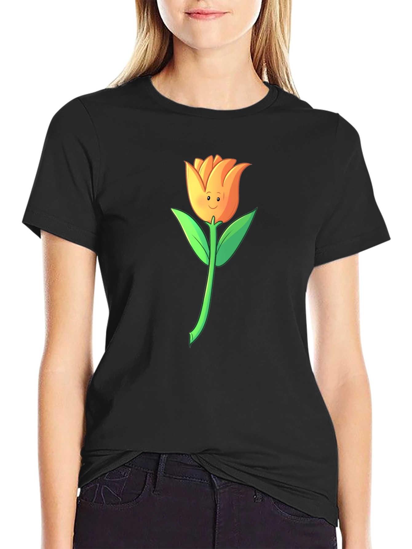 Black Whimsical Tulip Graphic Black T-Shirt view 2