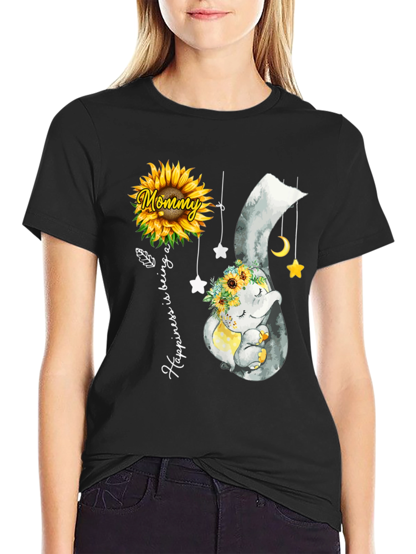 Black Mommy & Baby Elephant Sunflower T-Shirt view 2
