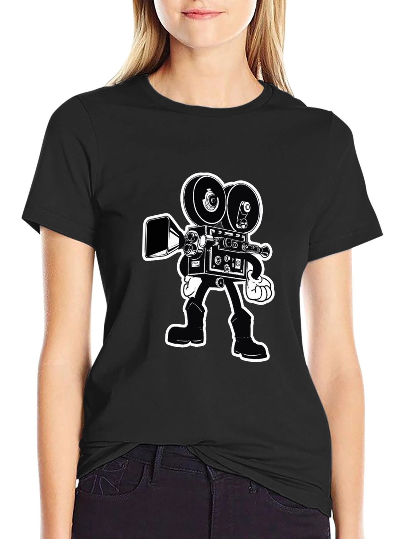 Black Retro Cartoon Movie Camera T-Shirt - Black Cotton Tee view 2