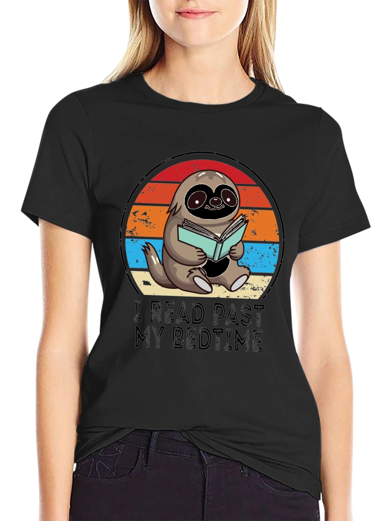 Black Funny Sloth Reading T-Shirt view 2