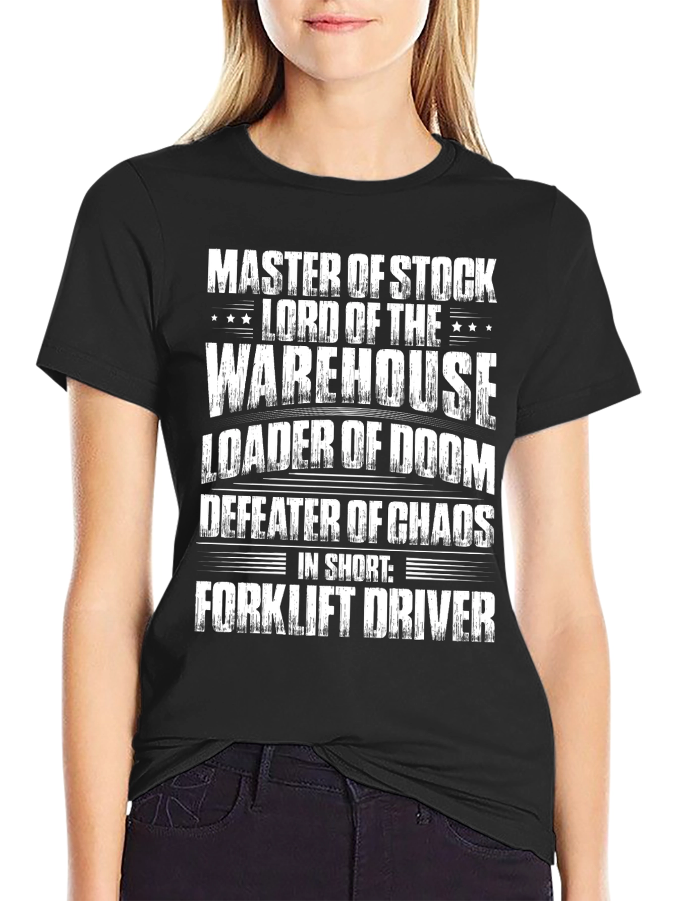 Black Forklift Driver T-Shirt: Master of Stock & Warehouse Lord view 2